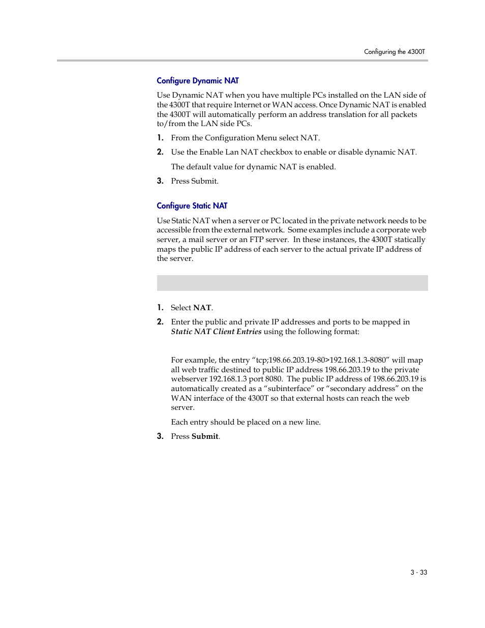 Configure dynamic nat, Configure static nat, Configure dynamic nat –33 configure static nat –33 | Polycom 4300T User Manual | Page 51 / 118