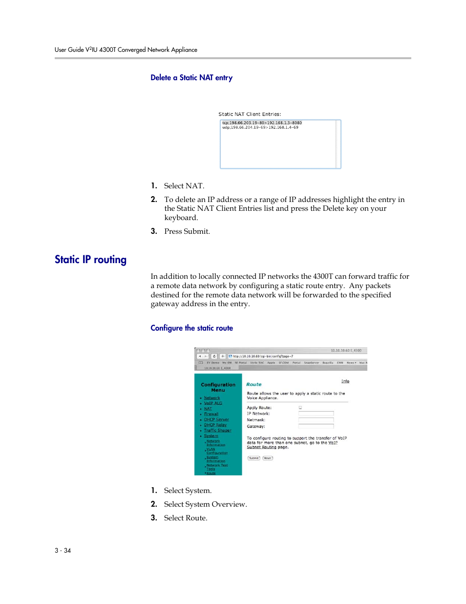 Delete a static nat entry, Static ip routing, Configure the static route | Delete a static nat entry –34, Static ip routing –34, Configure the static route –34 | Polycom 4300T User Manual | Page 52 / 118