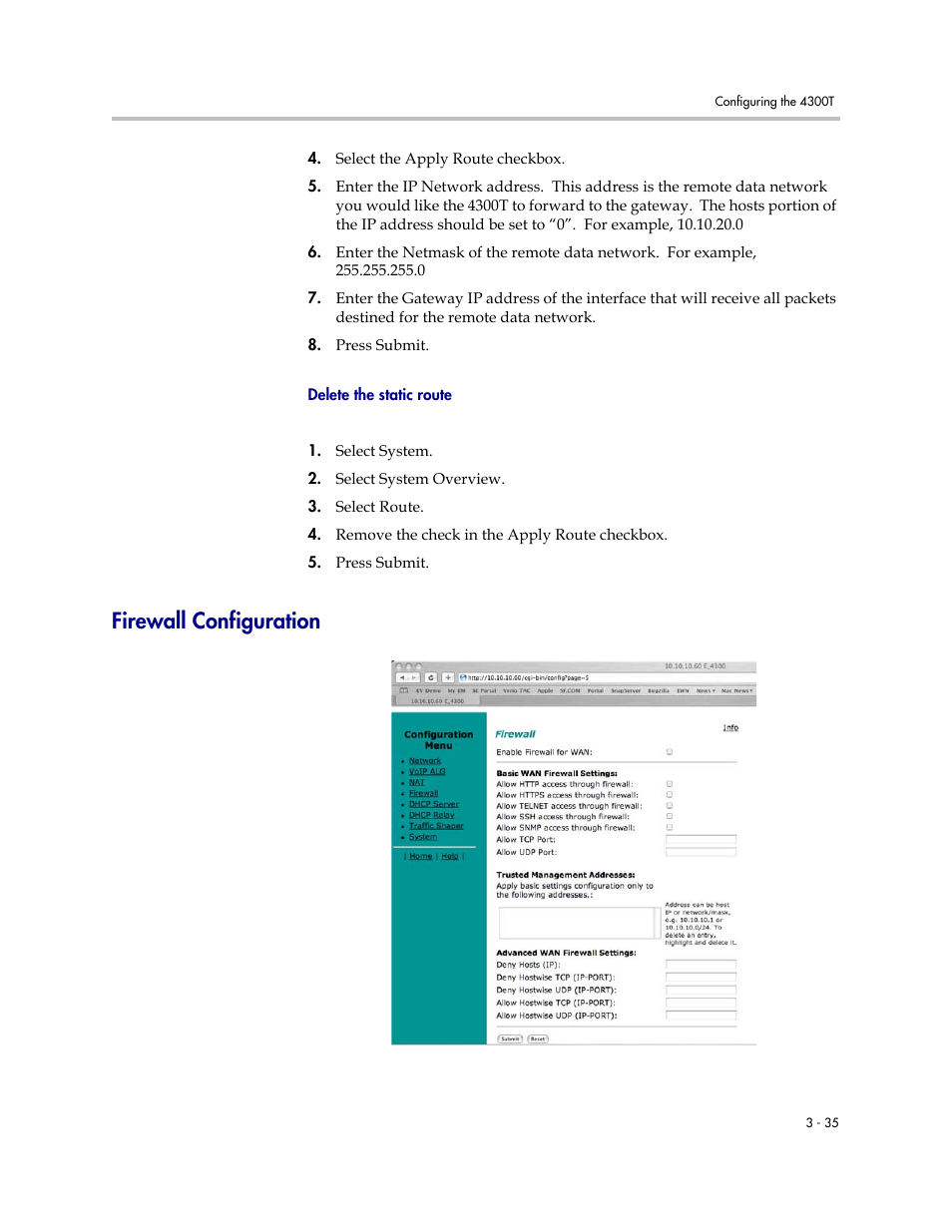 Delete the static route, Firewall configuration, Delete the static route –35 | Firewall configuration –35 | Polycom 4300T User Manual | Page 53 / 118
