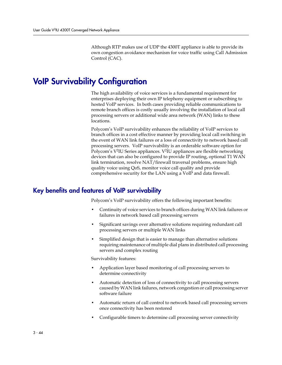 Voip survivability configuration, Key benefits and features of voip survivability, Voip survivability configuration –44 | Polycom 4300T User Manual | Page 62 / 118