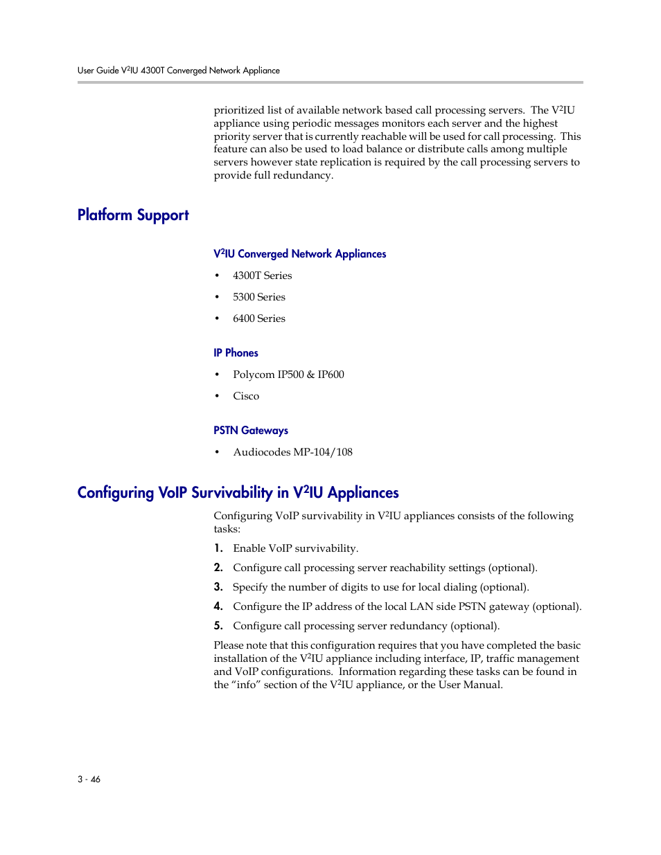 Platform support, V2iu converged network appliances, Ip phones | Pstn gateways, Configuring voip survivability in v2iu appliances, Platform support –46, Ip phones –46 pstn gateways –46, Configuring voip survivability in v, Iu appliances | Polycom 4300T User Manual | Page 64 / 118
