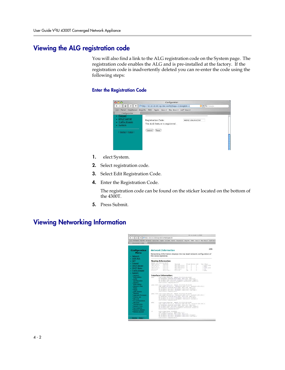 Viewing the alg registration code, Enter the registration code, Viewing networking information | Viewing the alg registration code –2, Enter the registration code –2, Viewing networking information –2 | Polycom 4300T User Manual | Page 72 / 118