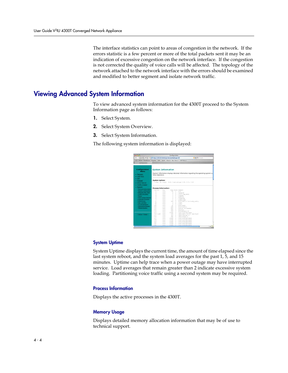 Viewing advanced system information, System uptime, Process information | Memory usage, Viewing advanced system information –4 | Polycom 4300T User Manual | Page 74 / 118