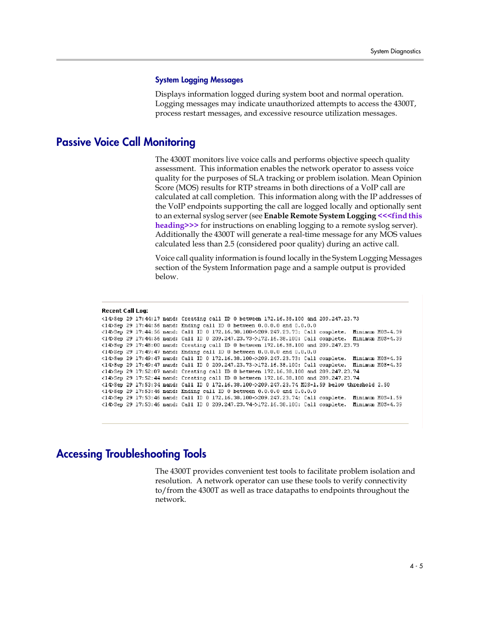 System logging messages, Passive voice call monitoring, Accessing troubleshooting tools | System logging messages –5 | Polycom 4300T User Manual | Page 75 / 118