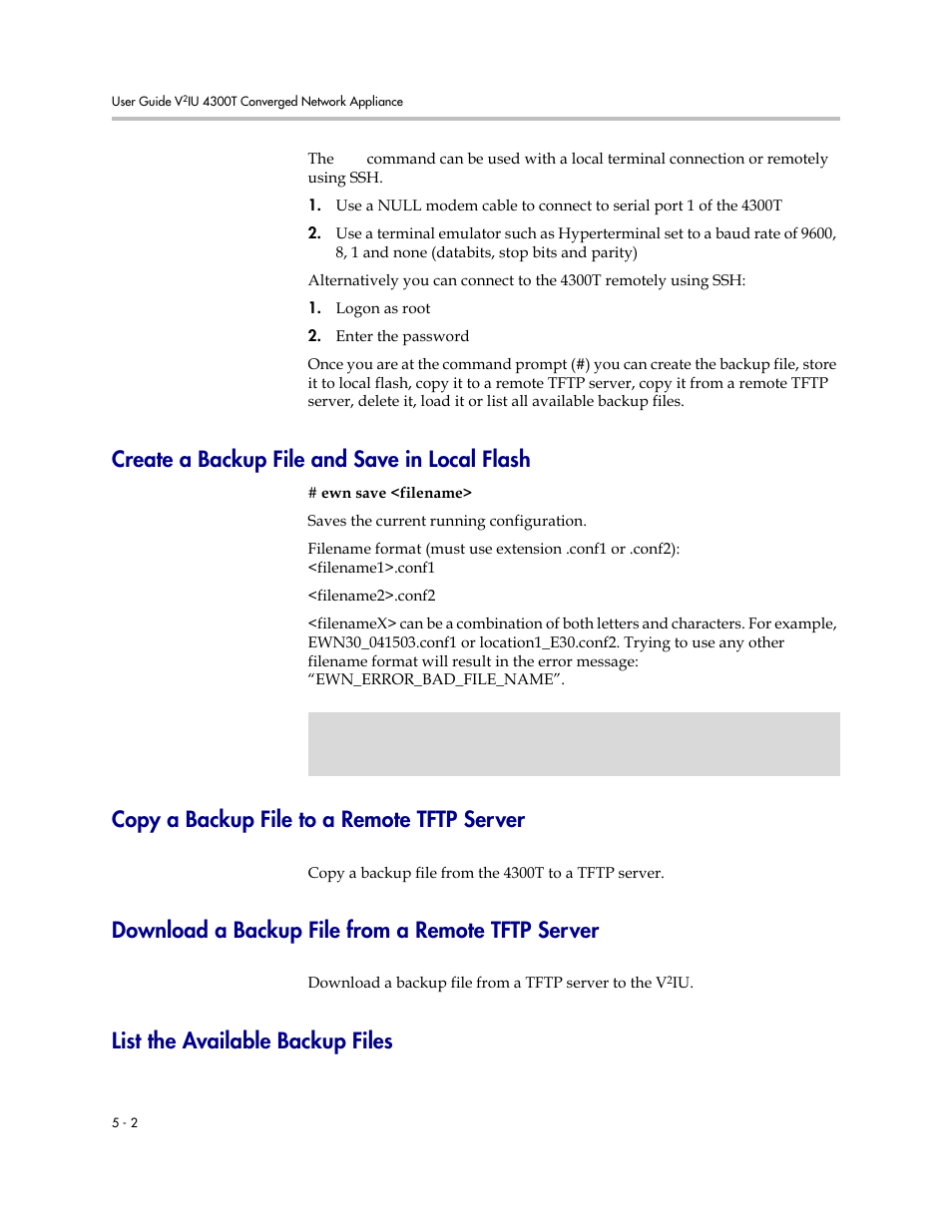 Create a backup file and save in local flash, Copy a backup file to a remote tftp server, Download a backup file from a remote tftp server | List the available backup files | Polycom 4300T User Manual | Page 80 / 118