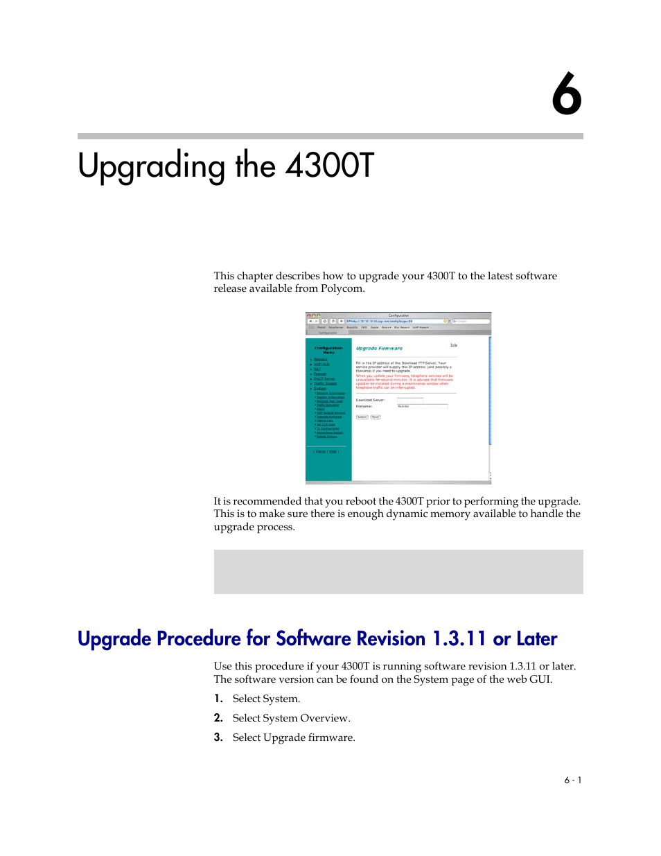 Upgrading the 4300t, 6 upgrading the 4300t –1 | Polycom 4300T User Manual | Page 83 / 118