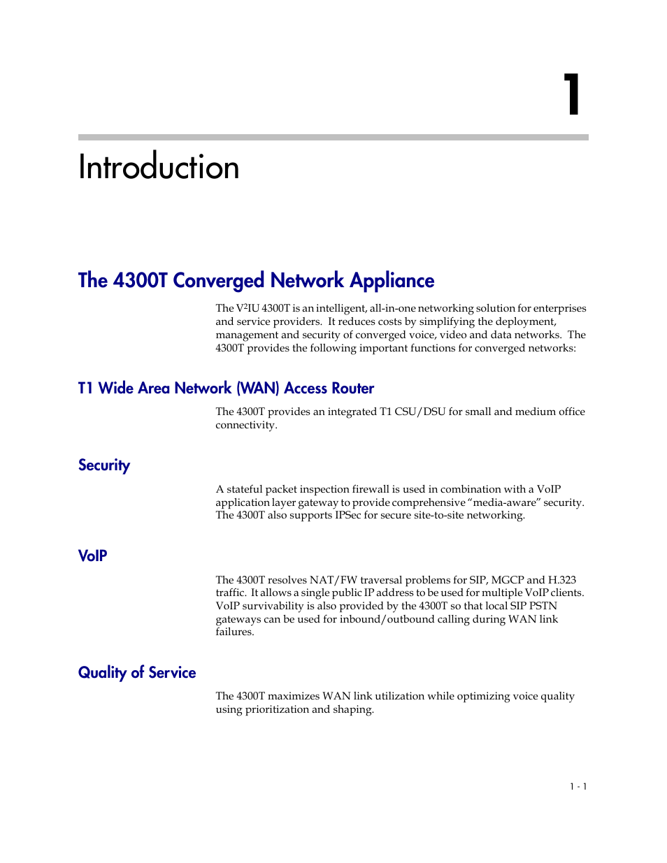 Introduction, The 4300t converged network appliance, T1 wide area network (wan) access router | Security, Voip, Quality of service, 1 introduction –1, The 4300t converged network appliance –1 | Polycom 4300T User Manual | Page 9 / 118