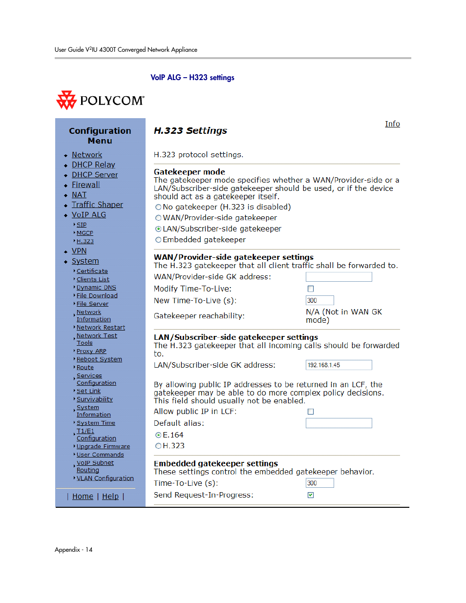 Voip alg - h323 settings | Polycom 4300T User Manual | Page 98 / 118