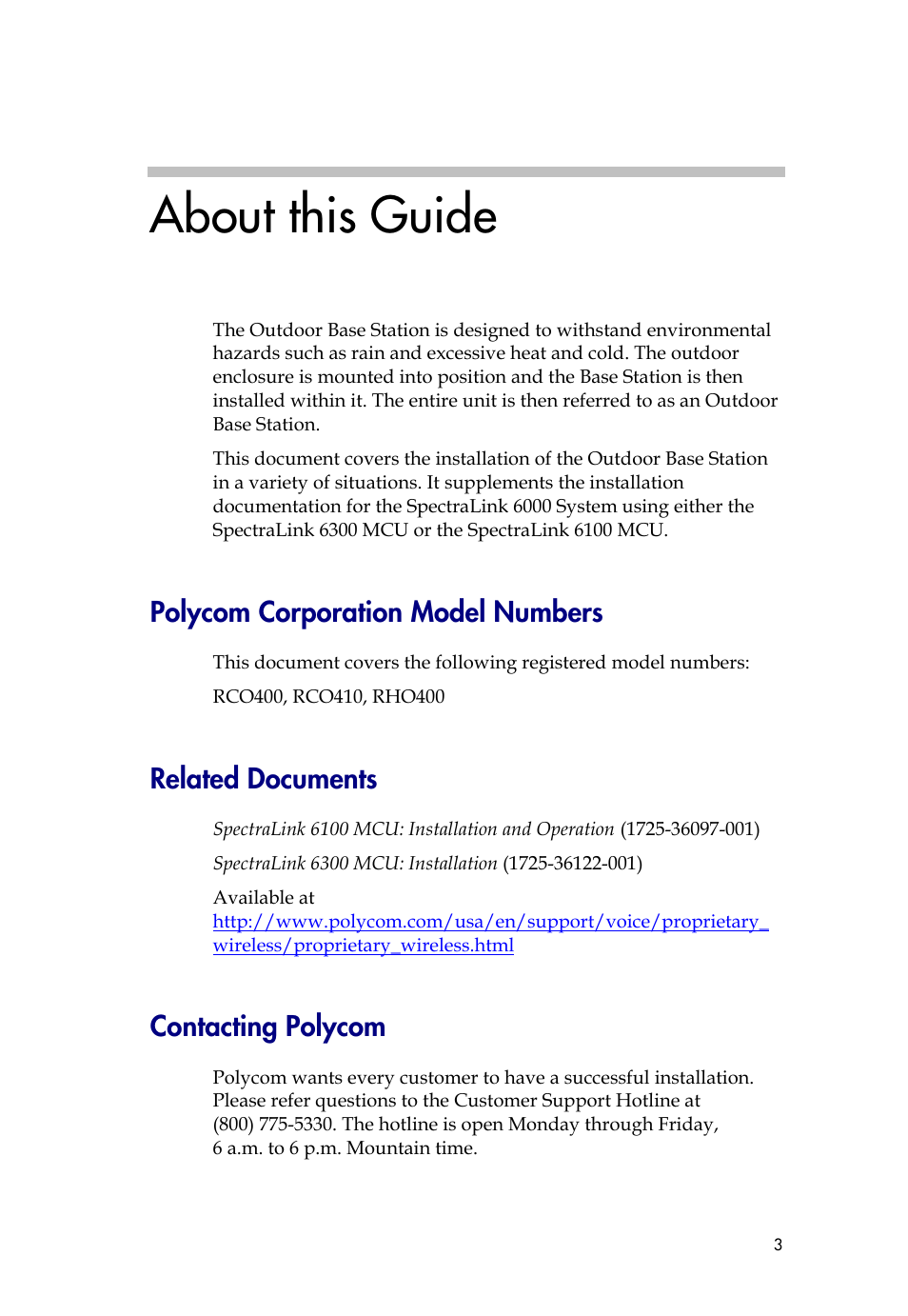 About this guide, Polycom corporation model numbers, Related documents | Contacting polycom | Polycom SPECTRALINK 6000 User Manual | Page 3 / 12