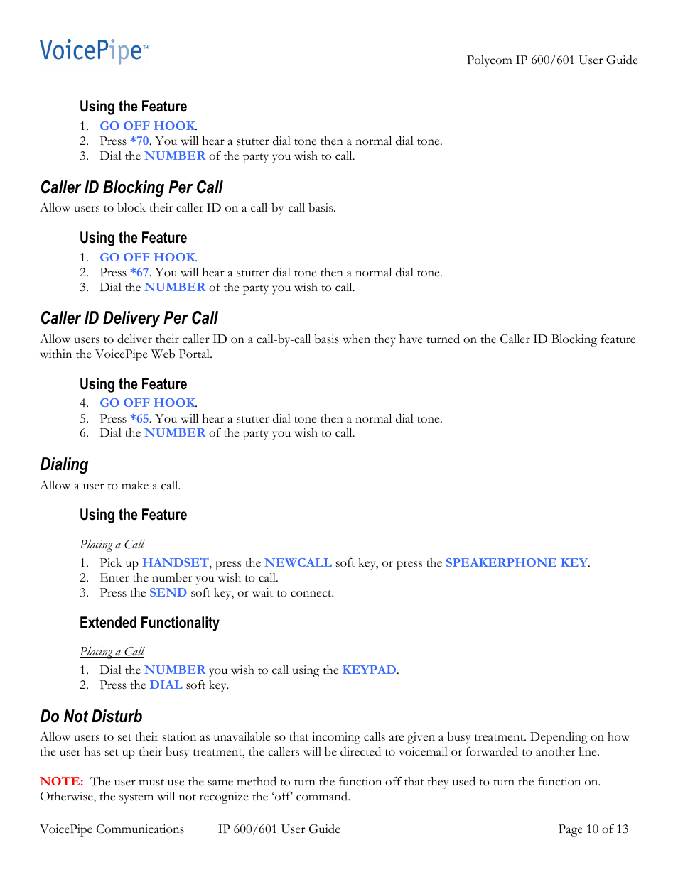 Caller id blocking per call, Caller id delivery per call, Dialing | Do not disturb | Polycom IP 601 User Manual | Page 10 / 13