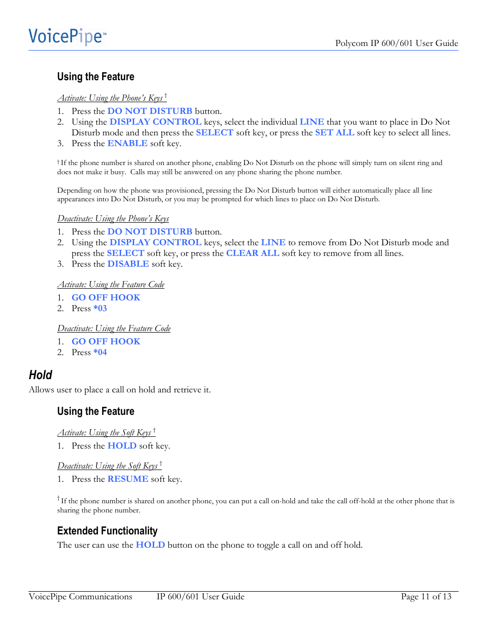 Hold, Using the feature, Extended functionality | Polycom IP 601 User Manual | Page 11 / 13