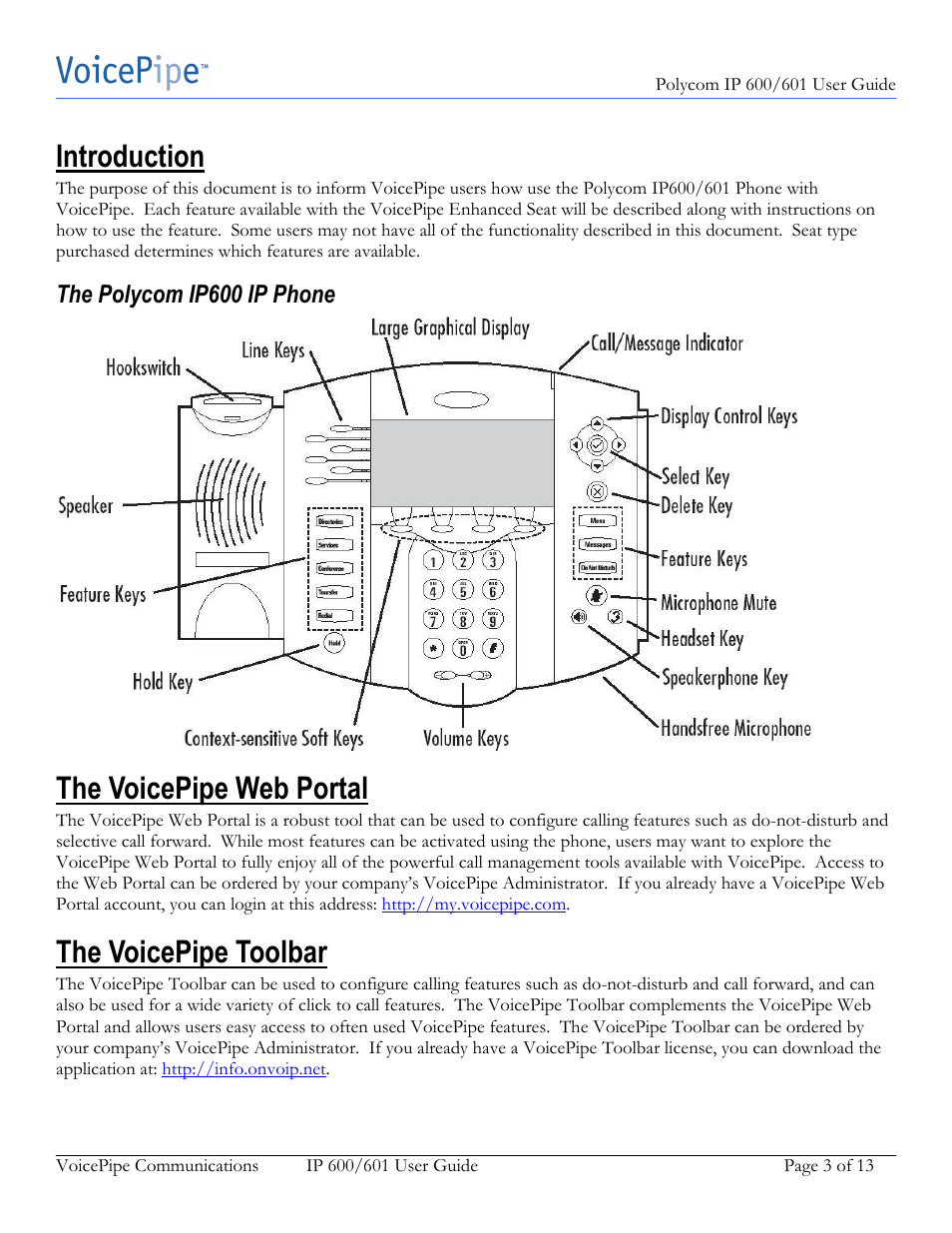 Introduction, The voicepipe web portal, The voicepipe toolbar | The polycom ip600 ip phone | Polycom IP 601 User Manual | Page 3 / 13