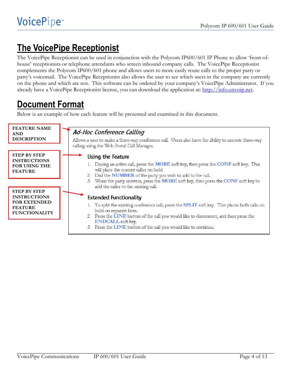 The voicepipe receptionist, Document format | Polycom IP 601 User Manual | Page 4 / 13