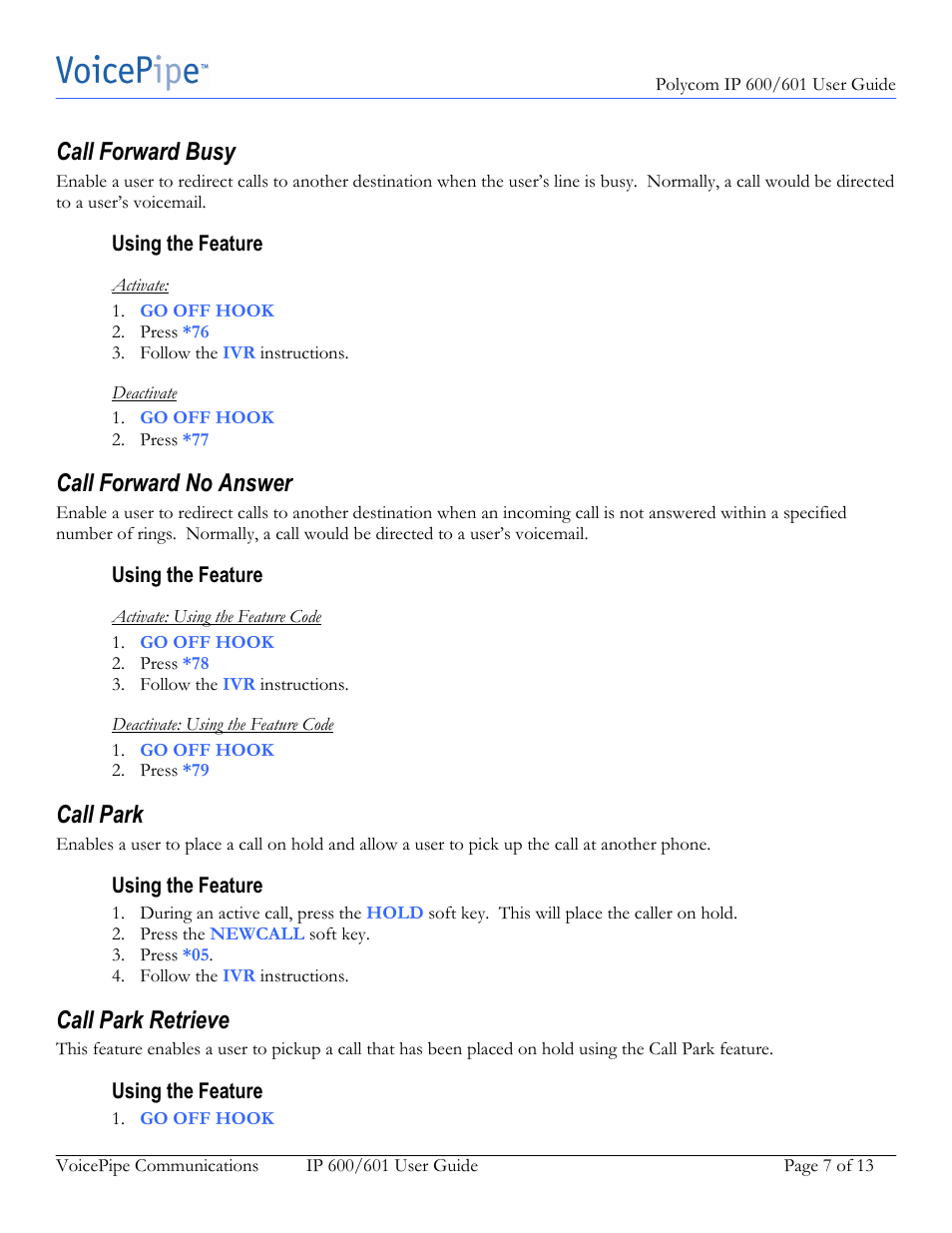 Call forward busy, Call forward no answer, Call park | Call park retrieve | Polycom IP 601 User Manual | Page 7 / 13