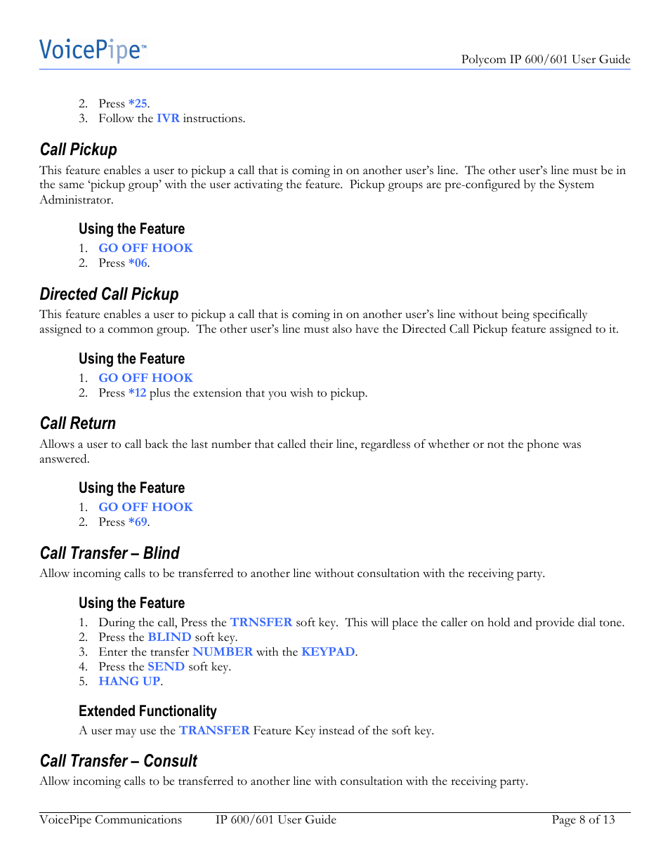 Call pickup, Directed call pickup, Call return | Call transfer – blind, Call transfer – consult | Polycom IP 601 User Manual | Page 8 / 13