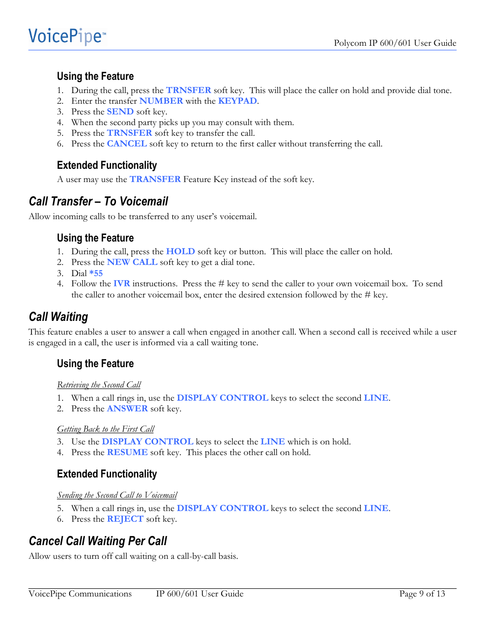 Call transfer – to voicemail, Call waiting, Cancel call waiting per call | Polycom IP 601 User Manual | Page 9 / 13