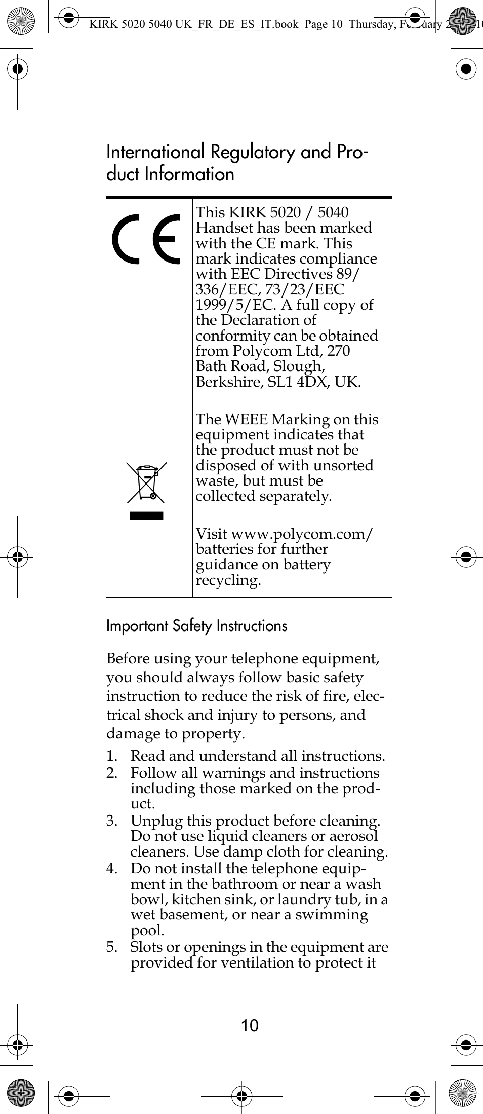 International regulatory and pro- duct information | Polycom KIRK 14171914-HD User Manual | Page 10 / 76