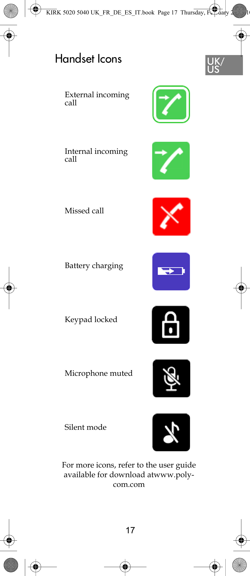 Handset icons | Polycom KIRK 14171914-HD User Manual | Page 17 / 76