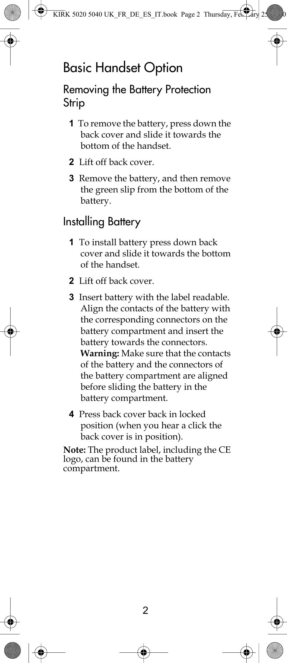 Basic handset option, Removing the battery protection strip, Installing battery | Polycom KIRK 14171914-HD User Manual | Page 2 / 76