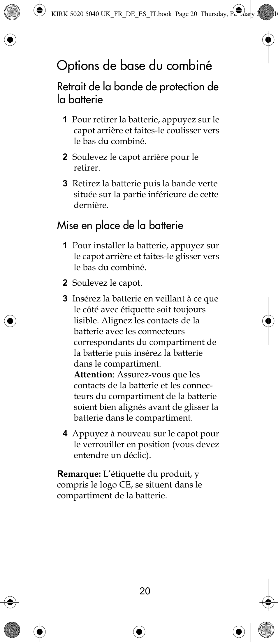 Options de base du combiné, Retrait de la bande de protection de la batterie, Mise en place de la batterie | Polycom KIRK 14171914-HD User Manual | Page 20 / 76