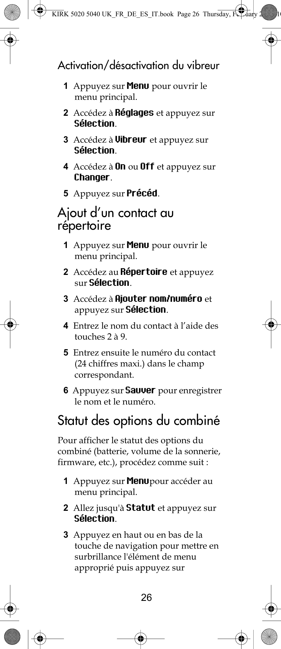 Ajout d’un contact au répertoire, Statut des options du combiné, Activation/désactivation du vibreur | Polycom KIRK 14171914-HD User Manual | Page 26 / 76