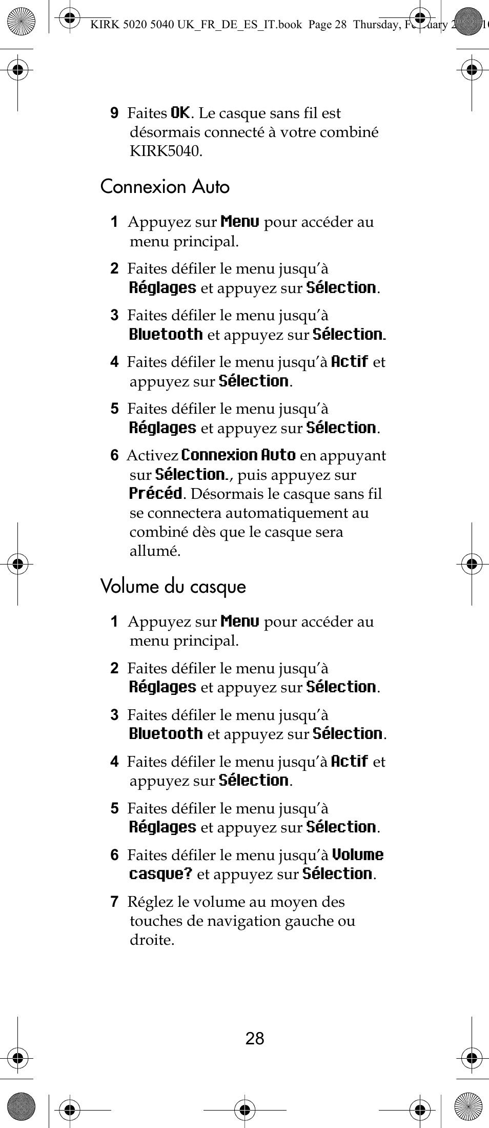Connexion auto, Volume du casque | Polycom KIRK 14171914-HD User Manual | Page 28 / 76