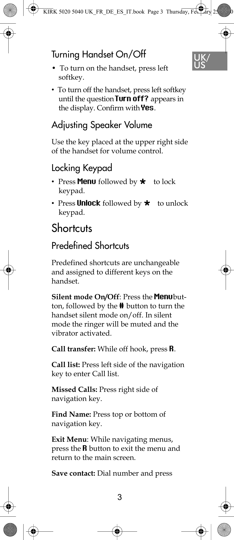 Shortcuts, Turning handset on/off, Adjusting speaker volume | Locking keypad, Predefined shortcuts | Polycom KIRK 14171914-HD User Manual | Page 3 / 76