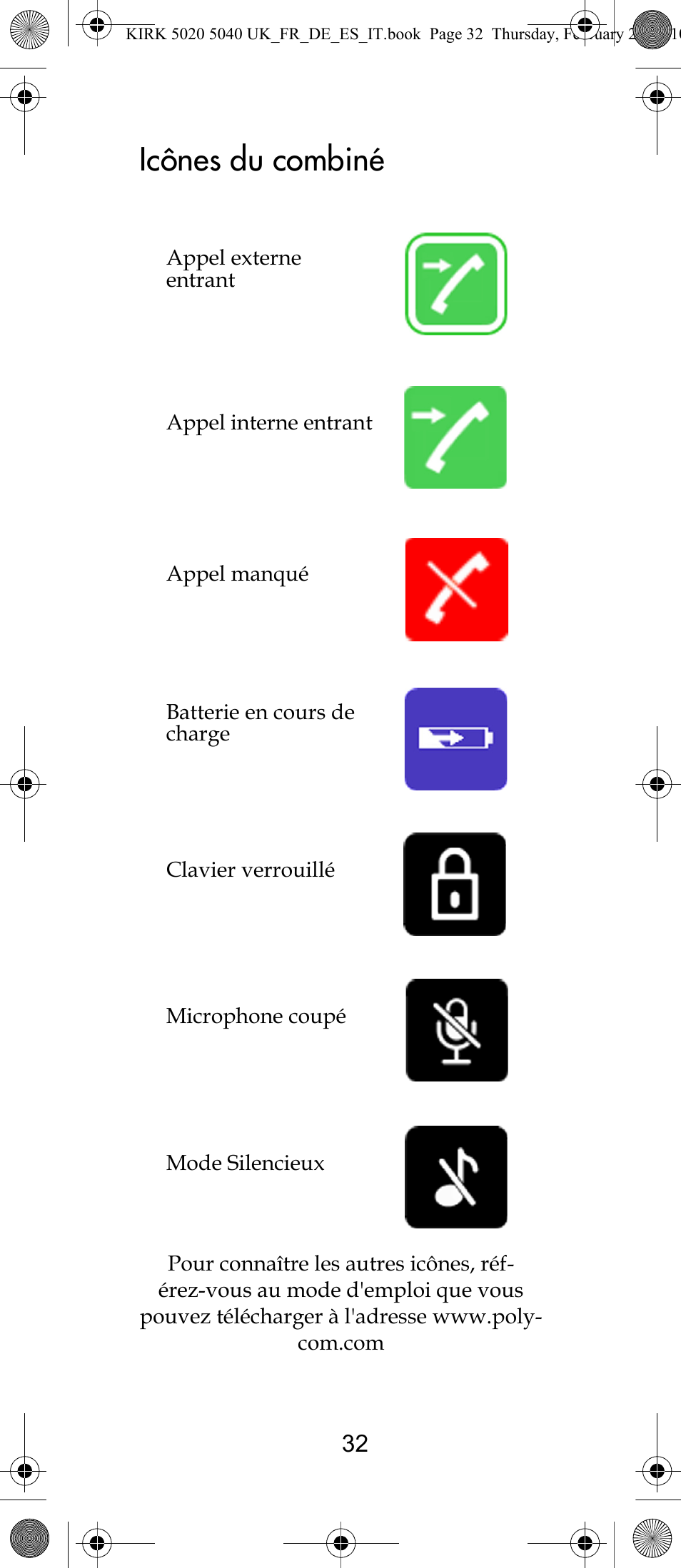 Icônes du combiné | Polycom KIRK 14171914-HD User Manual | Page 32 / 76