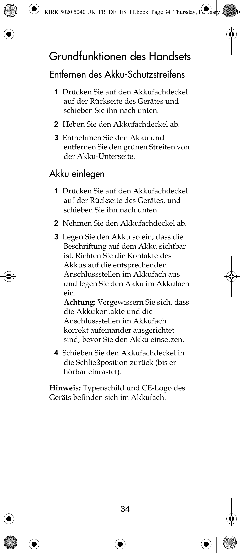 Grundfunktionen des handsets, Entfernen des akku-schutzstreifens, Akku einlegen | Polycom KIRK 14171914-HD User Manual | Page 34 / 76