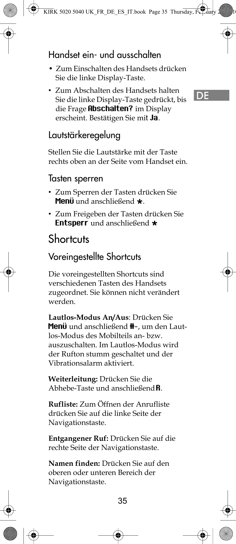 Shortcuts, Handset ein- und ausschalten, Lautstärkeregelung | Tasten sperren, Voreingestellte shortcuts | Polycom KIRK 14171914-HD User Manual | Page 35 / 76