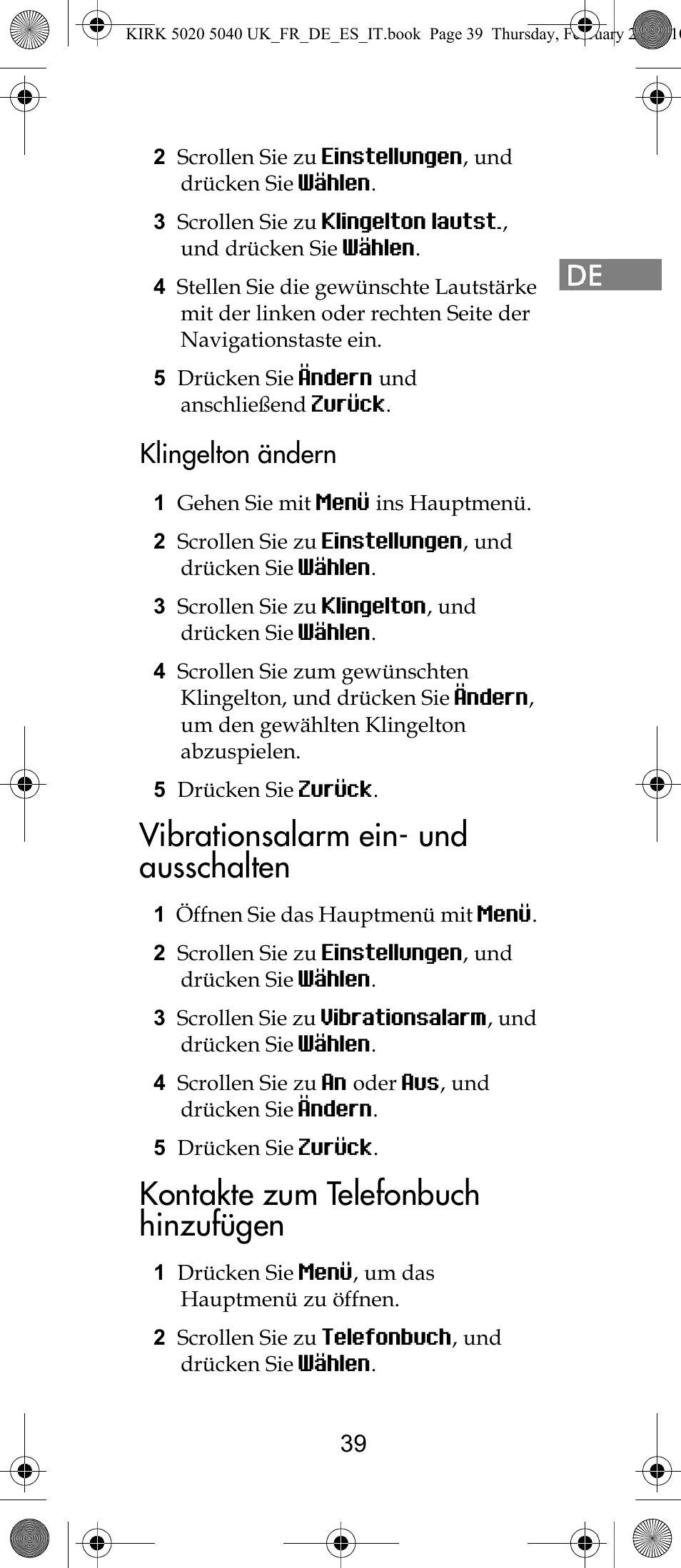 Vibrationsalarm ein- und ausschalten, Kontakte zum telefonbuch hinzufügen, Klingelton ändern | Polycom KIRK 14171914-HD User Manual | Page 39 / 76