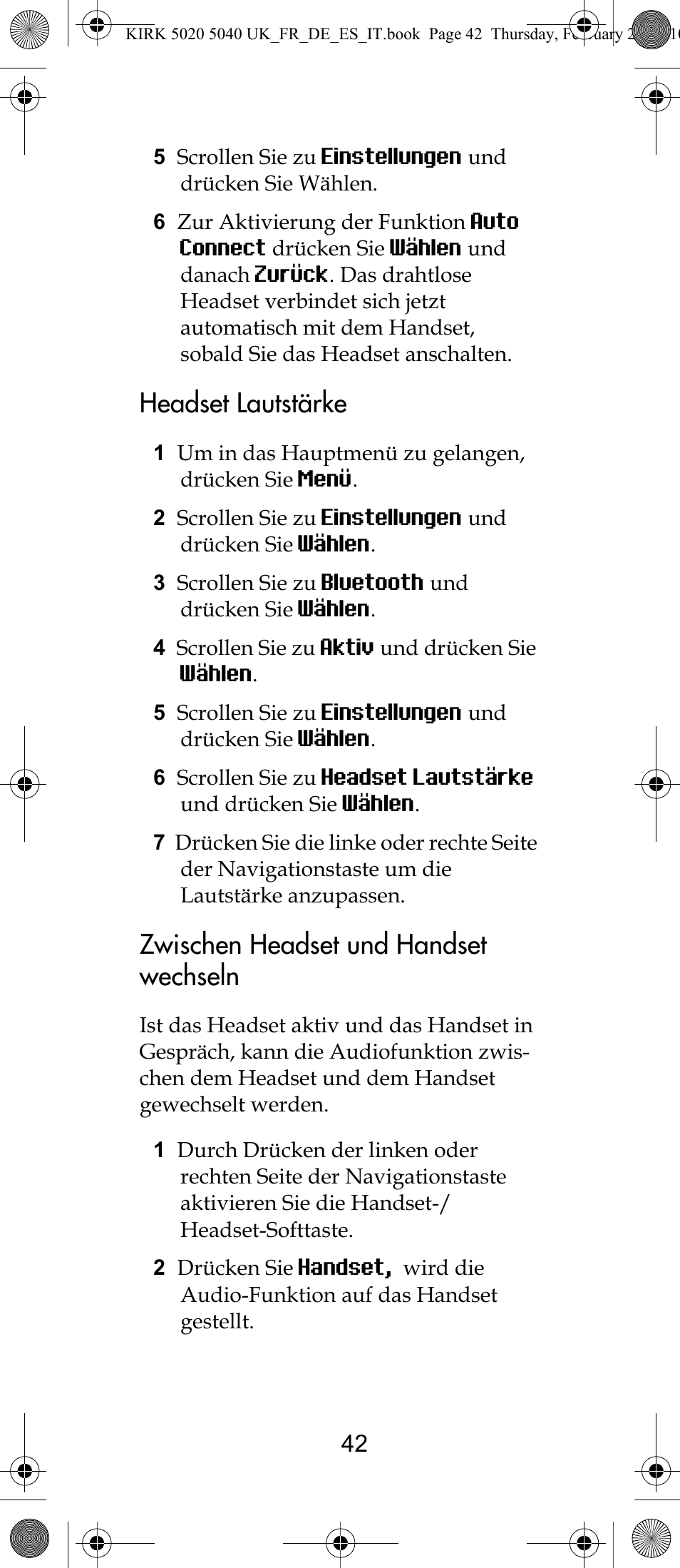 Headset lautstärke, Zwischen headset und handset wechseln | Polycom KIRK 14171914-HD User Manual | Page 42 / 76