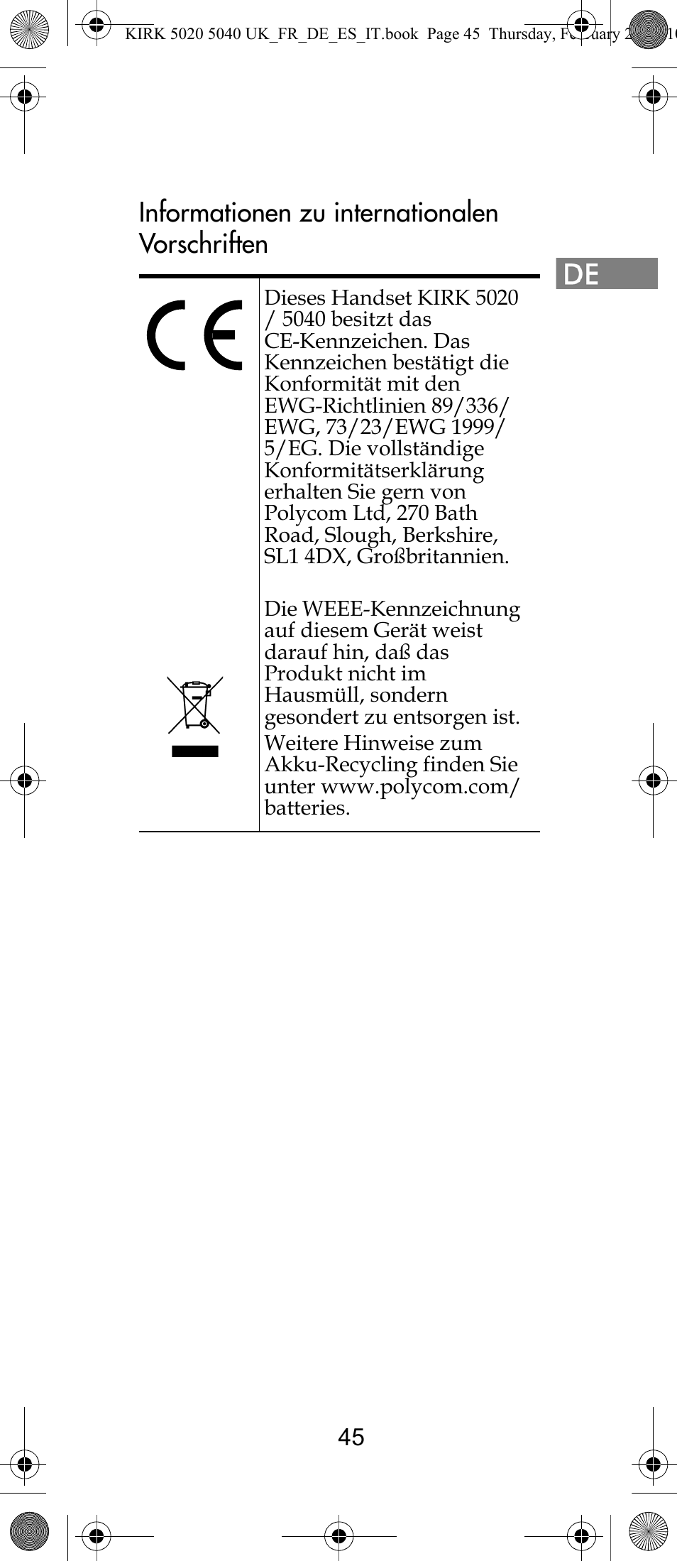 Informationen zu internationalen vorschriften | Polycom KIRK 14171914-HD User Manual | Page 45 / 76