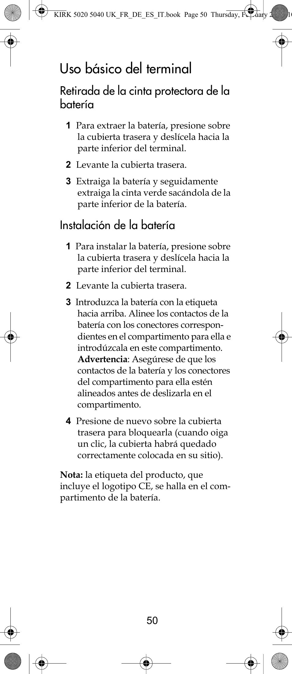 Uso básico del terminal, Retirada de la cinta protectora de la batería, Instalación de la batería | Polycom KIRK 14171914-HD User Manual | Page 50 / 76