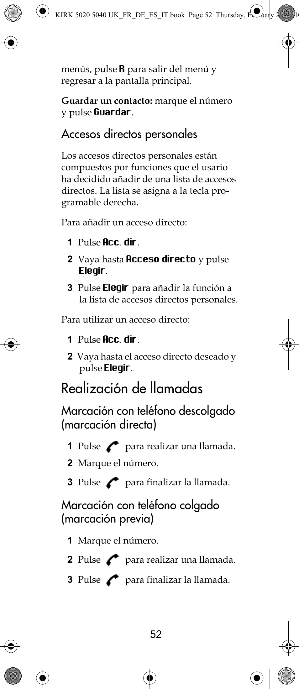 Realización de llamadas, Accesos directos personales, Marcación con teléfono colgado (marcación previa) | Polycom KIRK 14171914-HD User Manual | Page 52 / 76