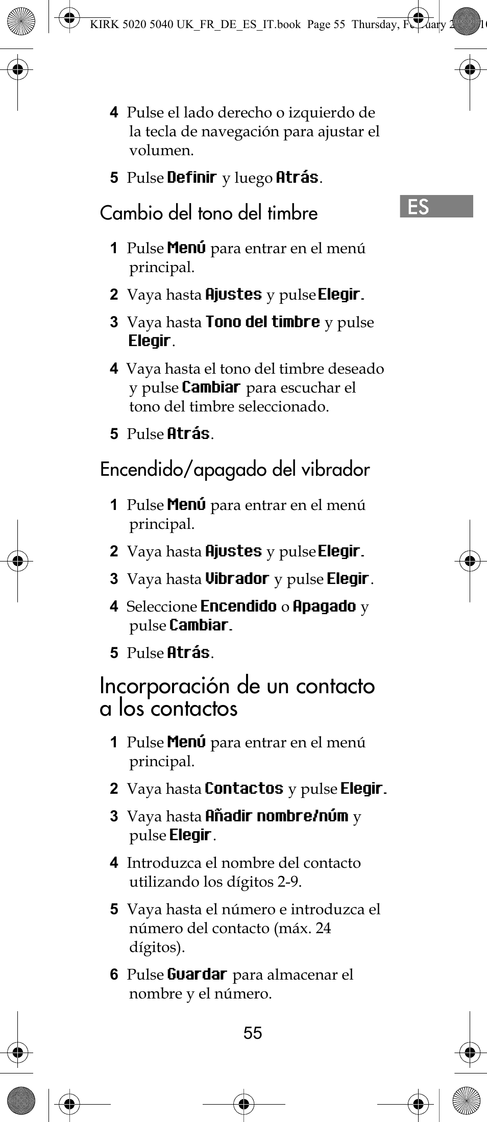 Incorporación de un contacto a los contactos, Cambio del tono del timbre, Encendido/apagado del vibrador | Polycom KIRK 14171914-HD User Manual | Page 55 / 76