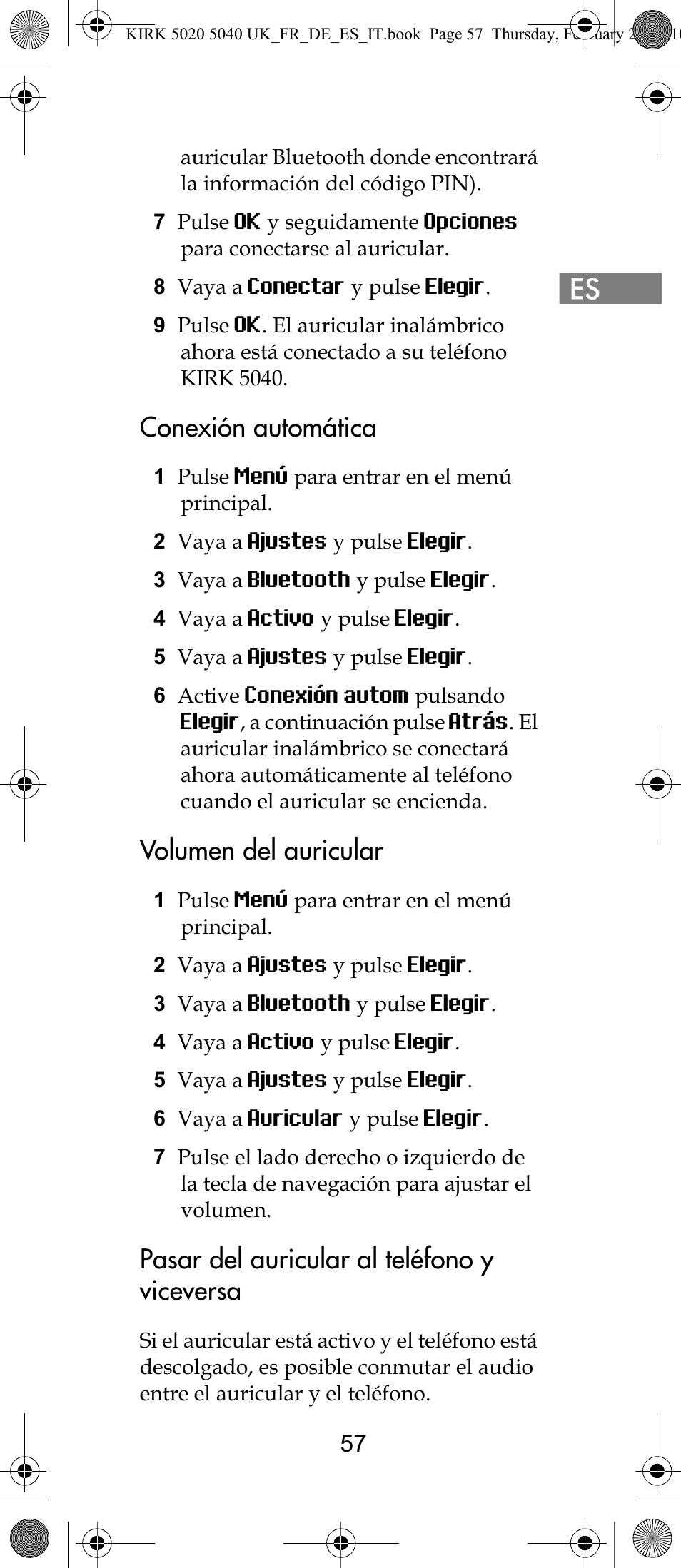 Conexión automática, Volumen del auricular, Pasar del auricular al teléfono y viceversa | Polycom KIRK 14171914-HD User Manual | Page 57 / 76