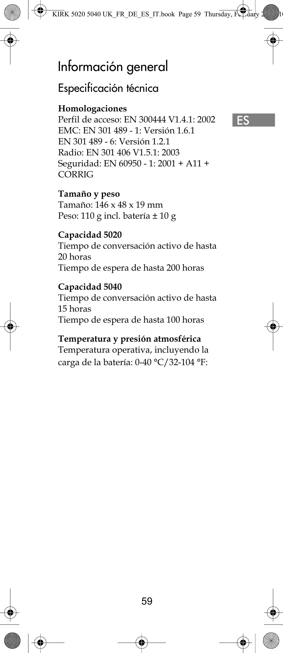 Información general, Especificación técnica | Polycom KIRK 14171914-HD User Manual | Page 59 / 76