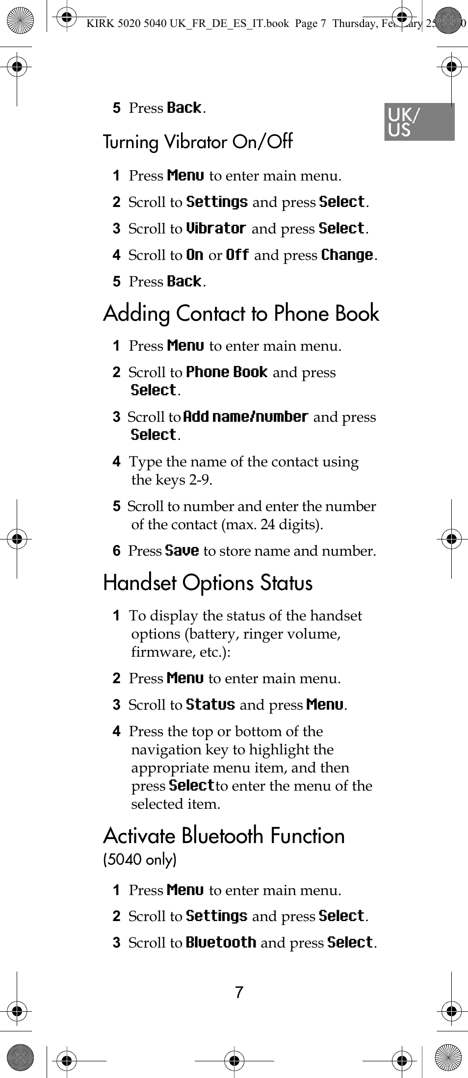 Adding contact to phone book, Handset options status, Activate bluetooth function | Turning vibrator on/off | Polycom KIRK 14171914-HD User Manual | Page 7 / 76