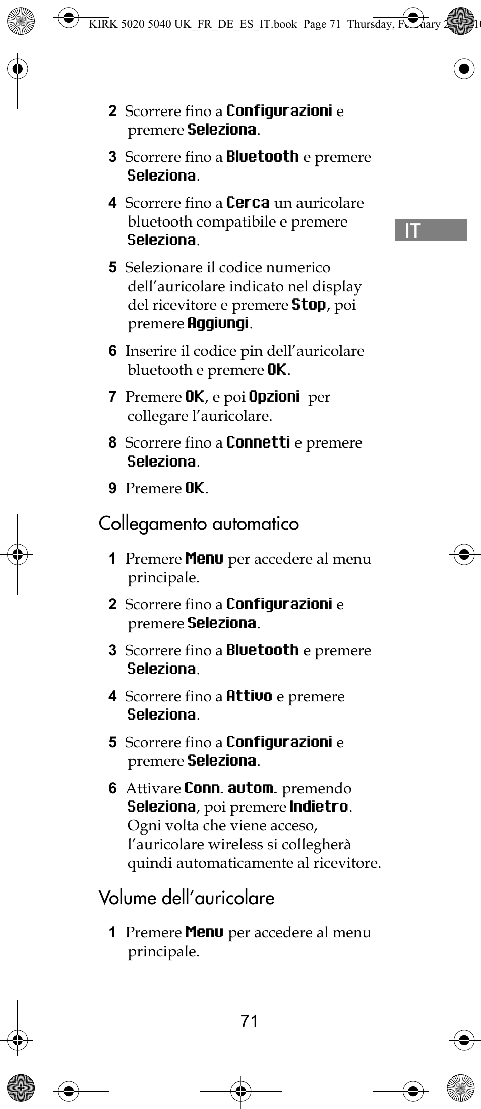 Collegamento automatico, Volume dell’auricolare | Polycom KIRK 14171914-HD User Manual | Page 71 / 76