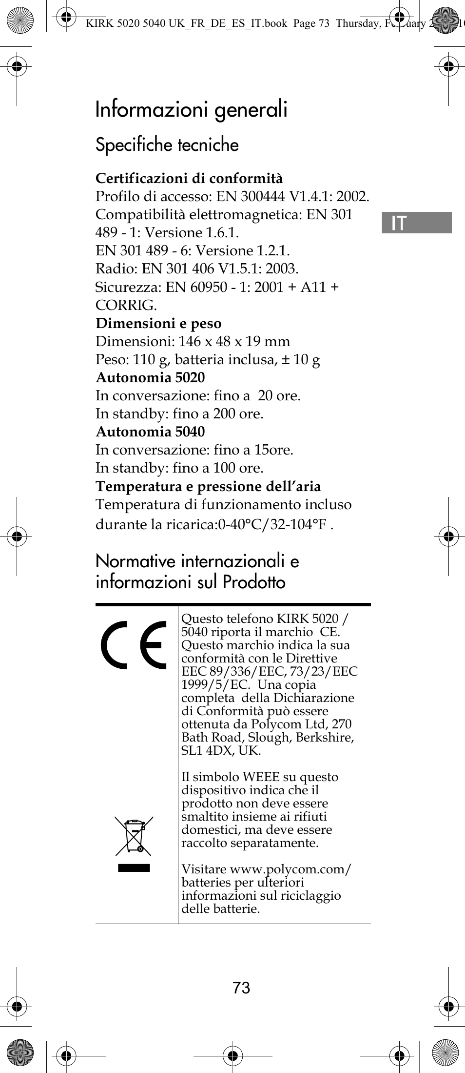 Informazioni generali, Specifiche tecniche | Polycom KIRK 14171914-HD User Manual | Page 73 / 76