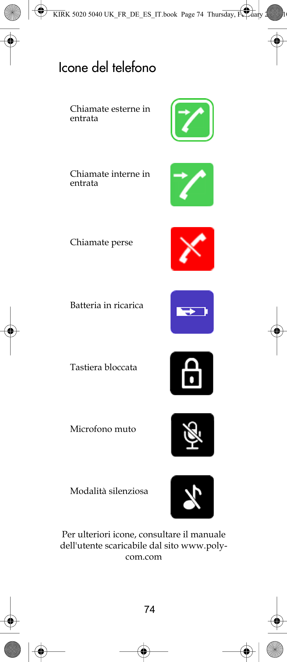 Icone del telefono | Polycom KIRK 14171914-HD User Manual | Page 74 / 76