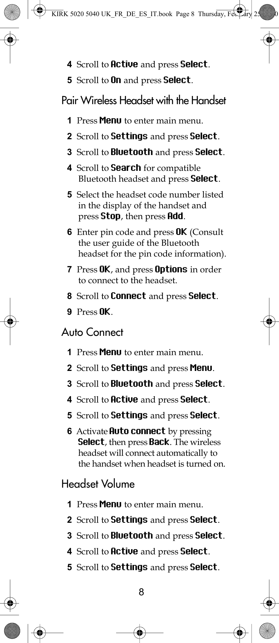 Pair wireless headset with the handset, Auto connect, Headset volume | Polycom KIRK 14171914-HD User Manual | Page 8 / 76