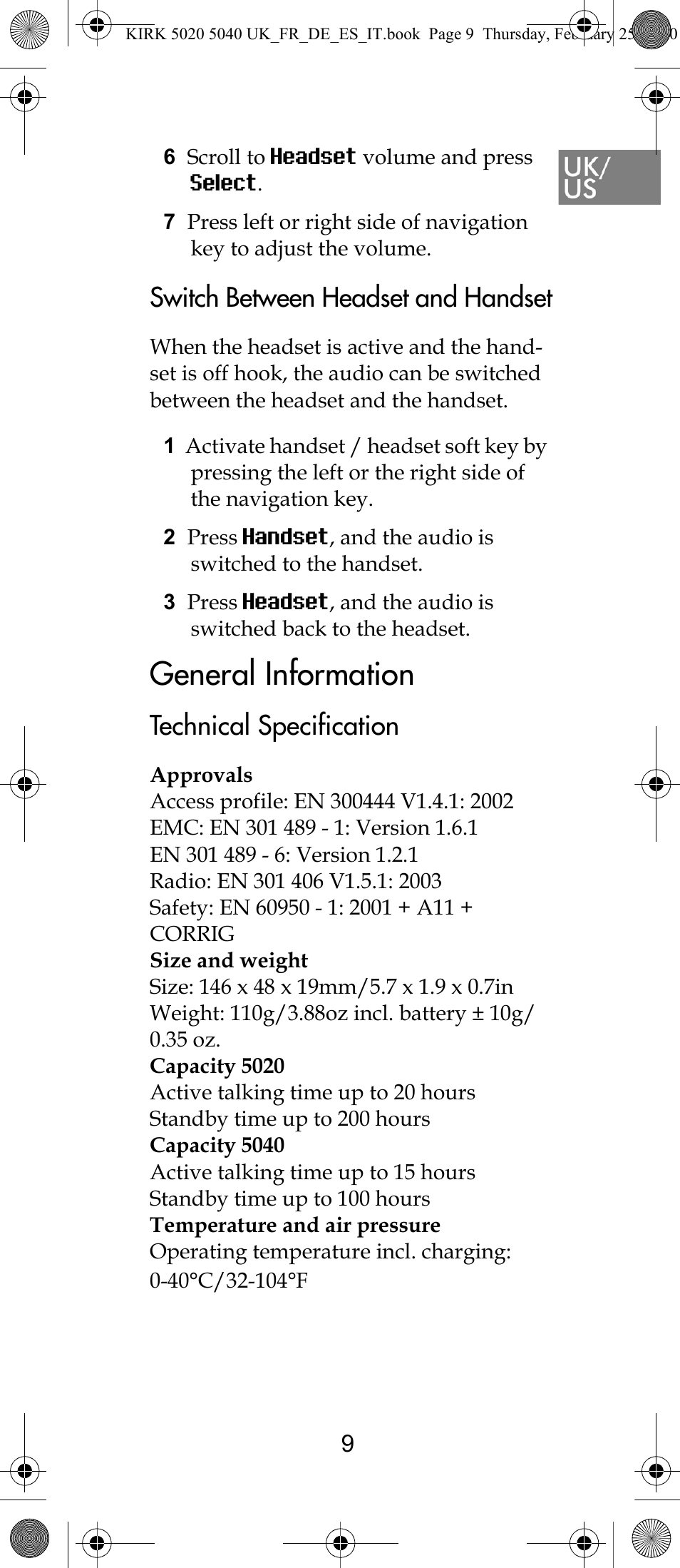 General information, Switch between headset and handset, Technical specification | Polycom KIRK 14171914-HD User Manual | Page 9 / 76