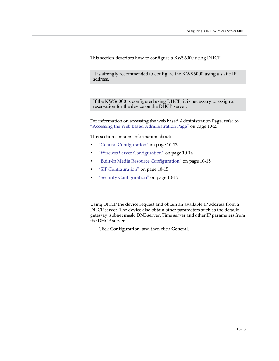 Configuring a kirk wireless server 6000 using dhcp, General configuration, General configuration –13 | Polycom KIRK KWS6000 User Manual | Page 101 / 202