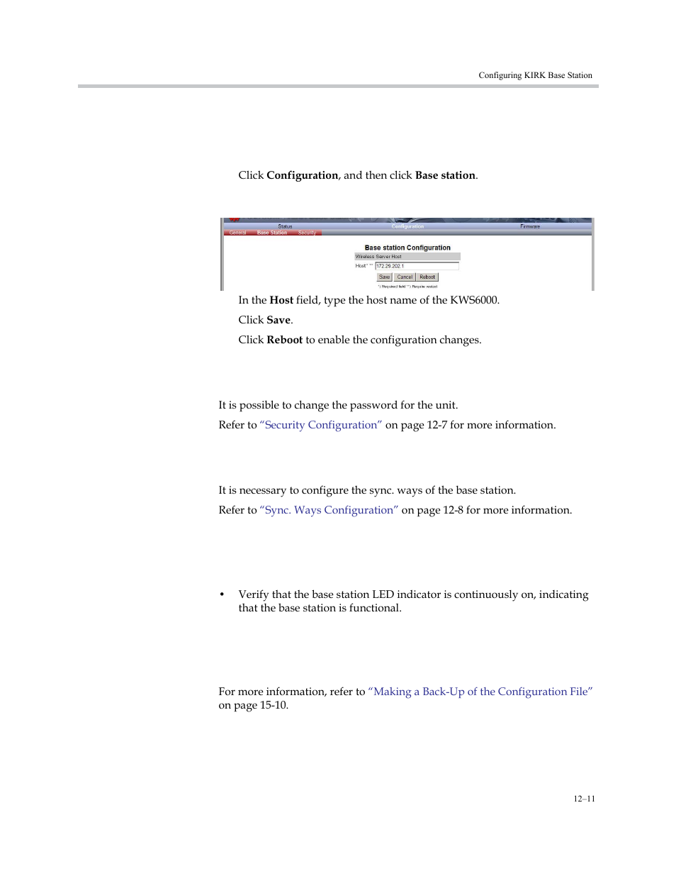 Base station configuration, Security configuration, Sync. ways configuration | Checking indicators, Making a back-up of the configuration file | Polycom KIRK KWS6000 User Manual | Page 123 / 202