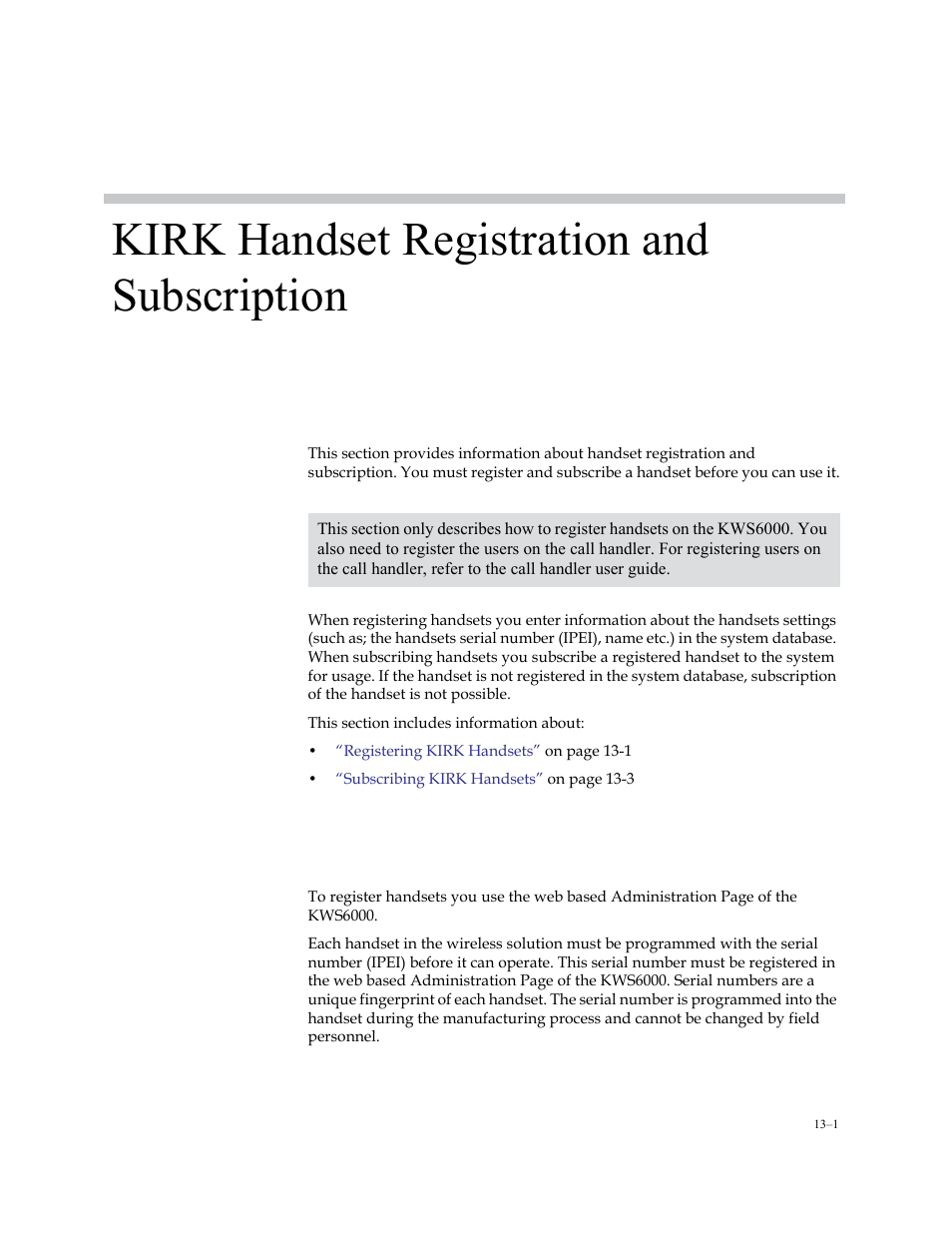 Kirk handset registration and subscription, Registering kirk handsets, Registering kirk handsets –1 | Polycom KIRK KWS6000 User Manual | Page 125 / 202