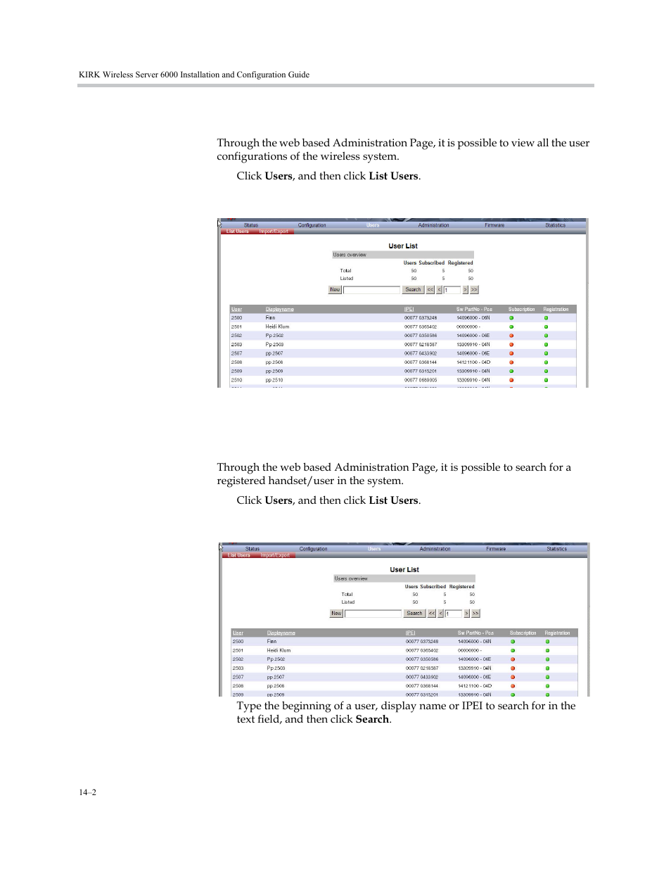 Viewing handset/user configuration, Searching for handset/user information | Polycom KIRK KWS6000 User Manual | Page 136 / 202