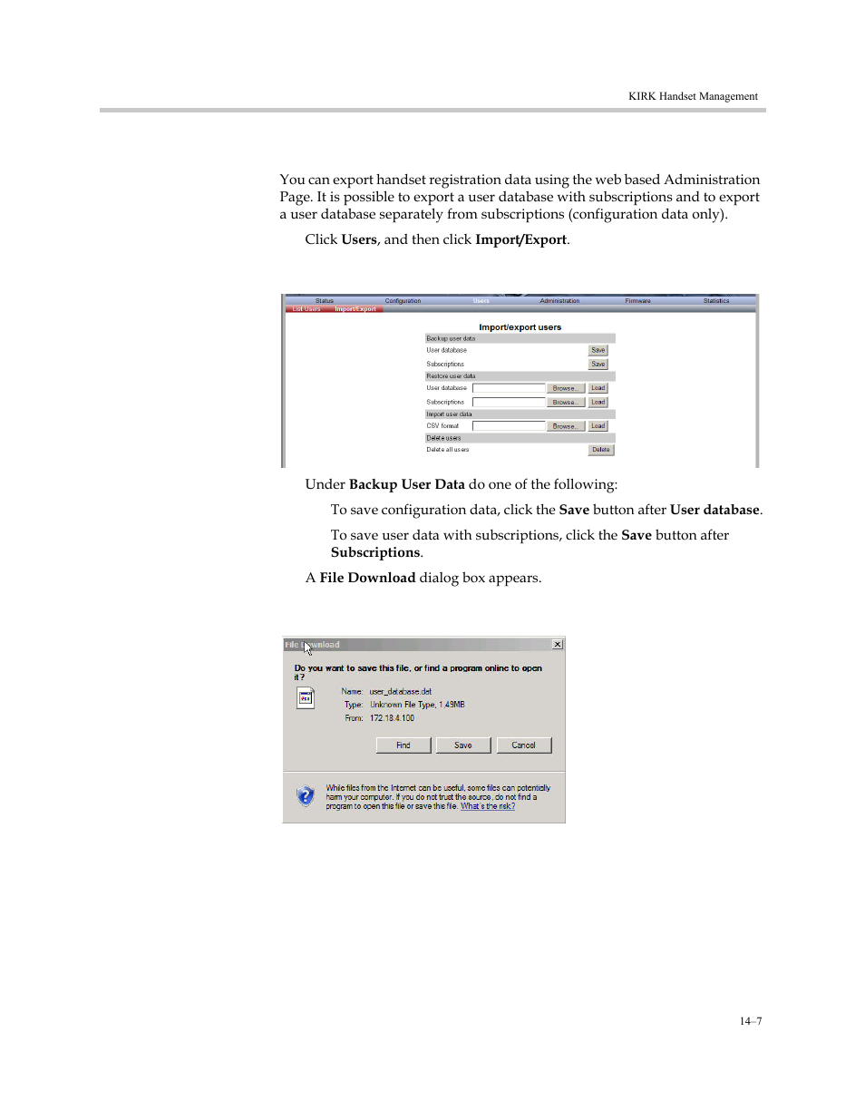 Exporting handset registration data, Exporting handset registration data –7 | Polycom KIRK KWS6000 User Manual | Page 141 / 202