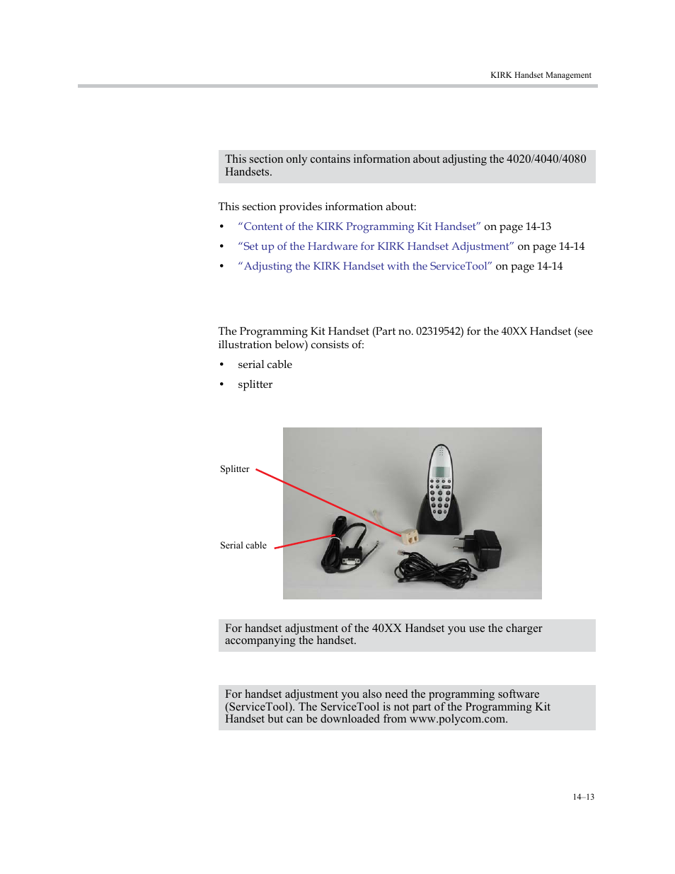 Adjusting the kirk handset, Content of the kirk programming kit handset, Adjusting the kirk handset –13 | Content of the kirk programming kit handset –13 | Polycom KIRK KWS6000 User Manual | Page 147 / 202